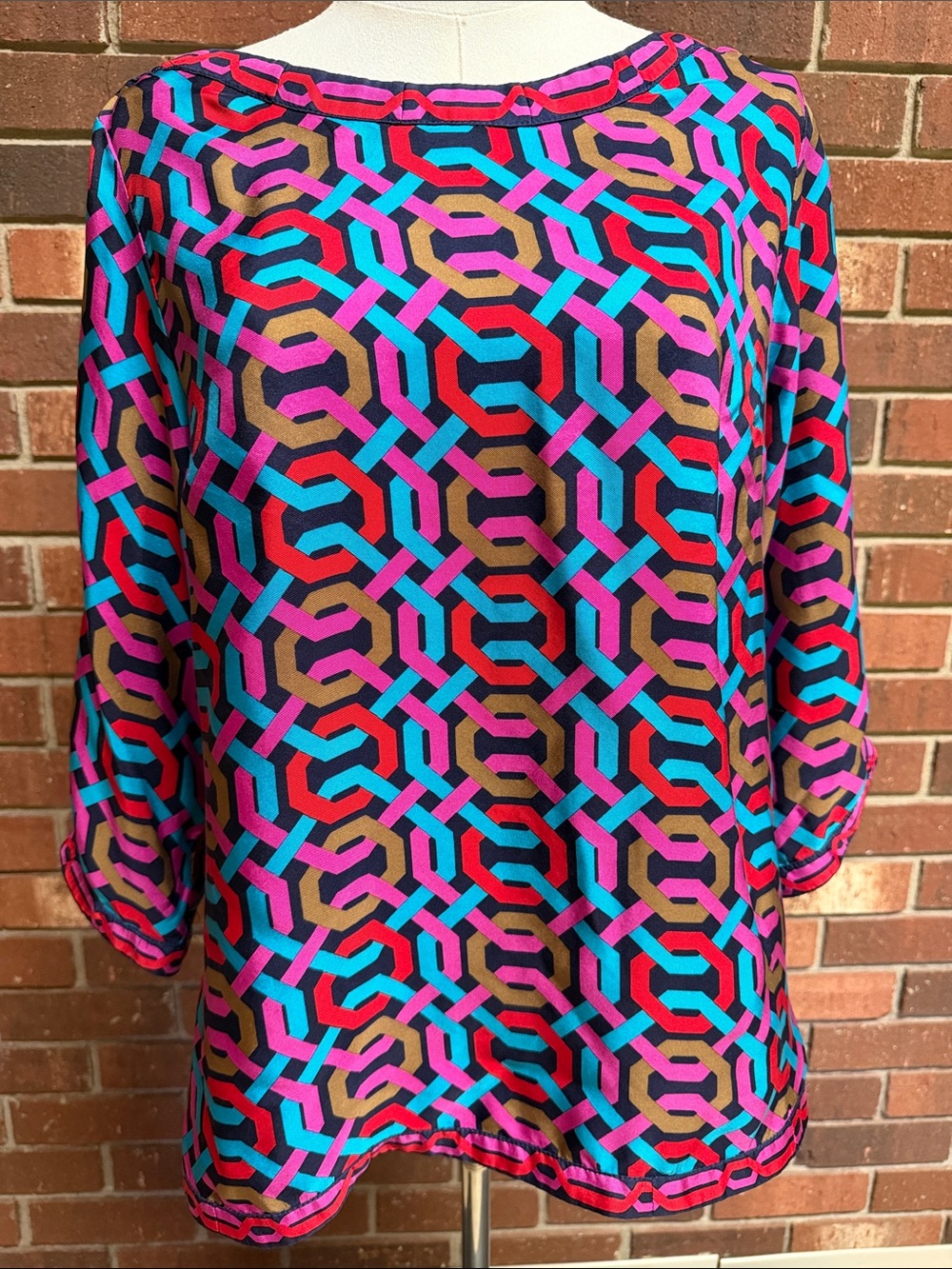 Britt Ryan Vibrant Geometric Print Silk Blouse Size Large